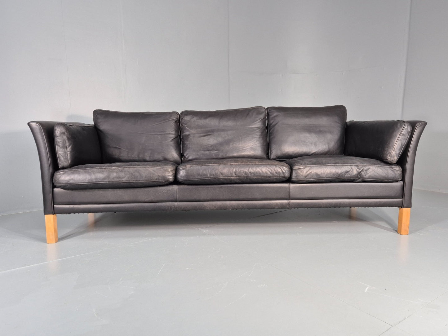 Vintage 3 Seat Sofa Danish Black Leather Mid Century Retro 1980s EB10483 M3SS8