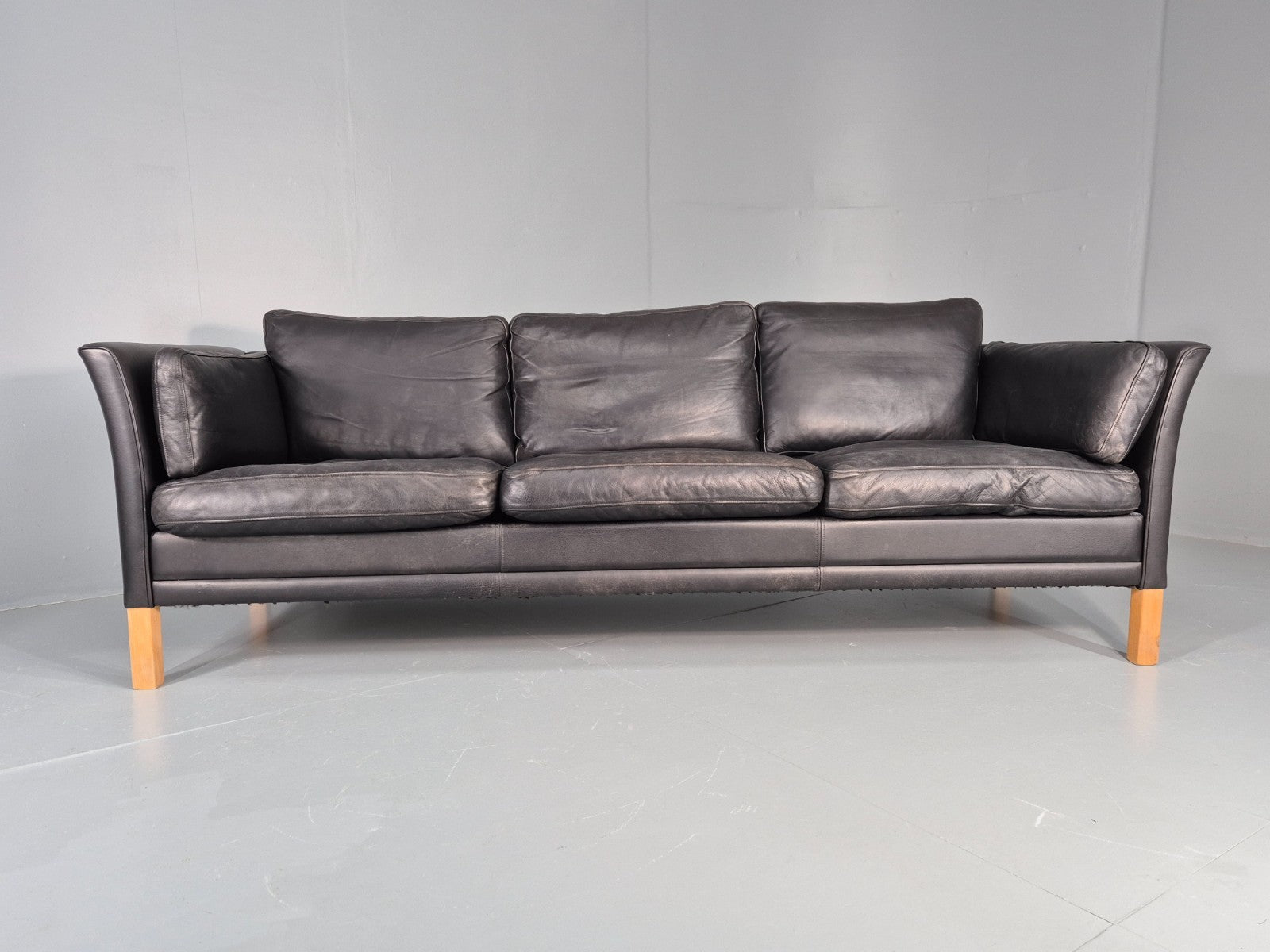 Vintage 3 Seat Sofa Danish Black Leather Mid Century Retro 1980s EB10483 M3SS8