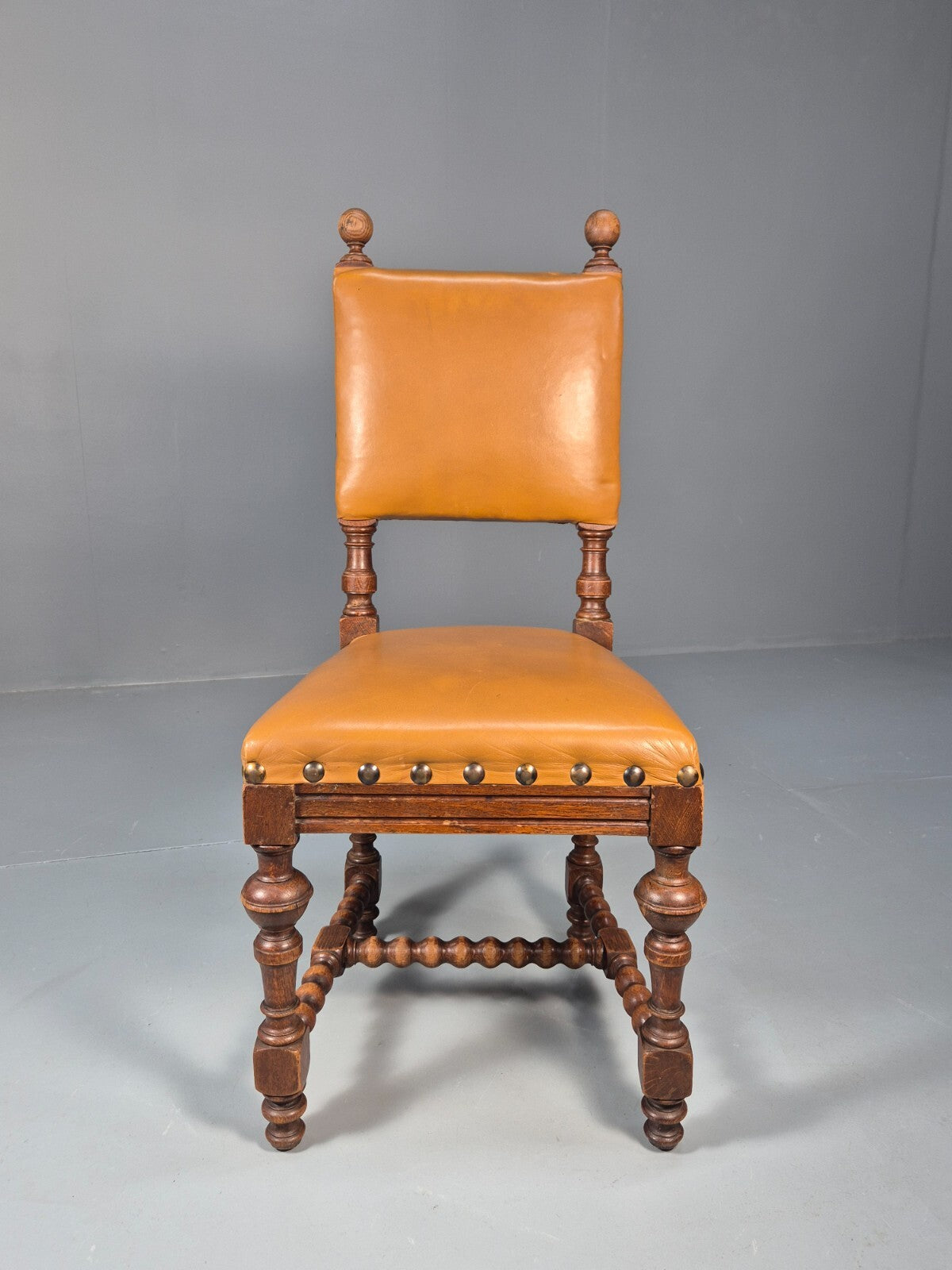 6 Vintage Danish Baroque Style Dining Chairs Tan Leather and Oak 50s EB9747 VDIN - UKDK FURNITURE