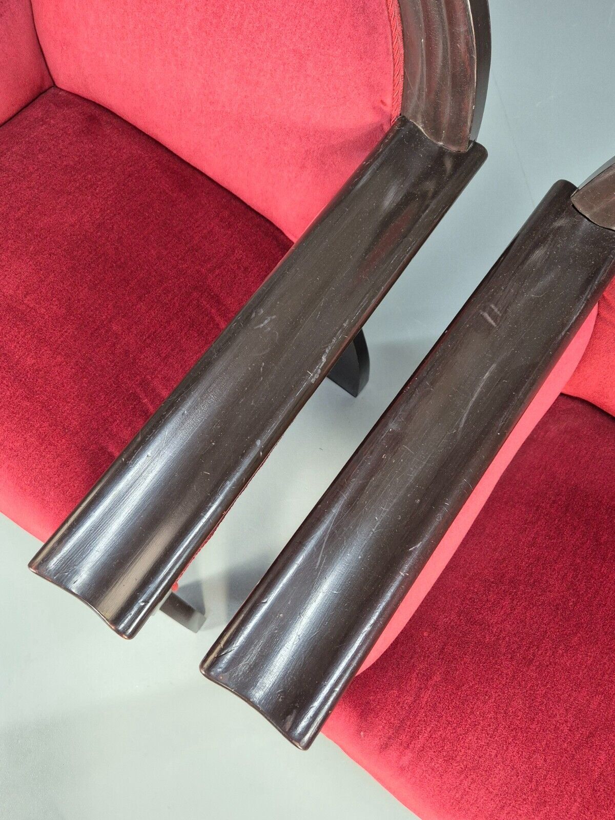 2 Vintage Danish Lounge Chairs Red Velour Mahogany Gondola Style EB8997 VCLO - UKDK FURNITURE