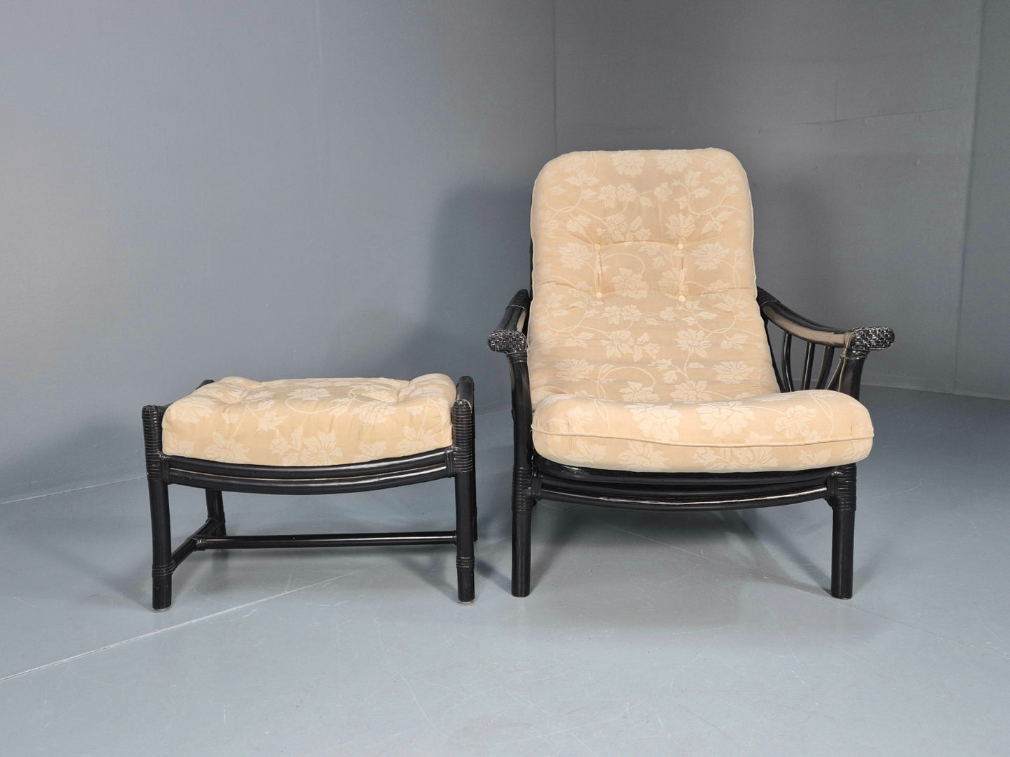 Vintage Japanned Bamboo Lounge Chair and Footstool 1980s Retro EB10718 VBER4