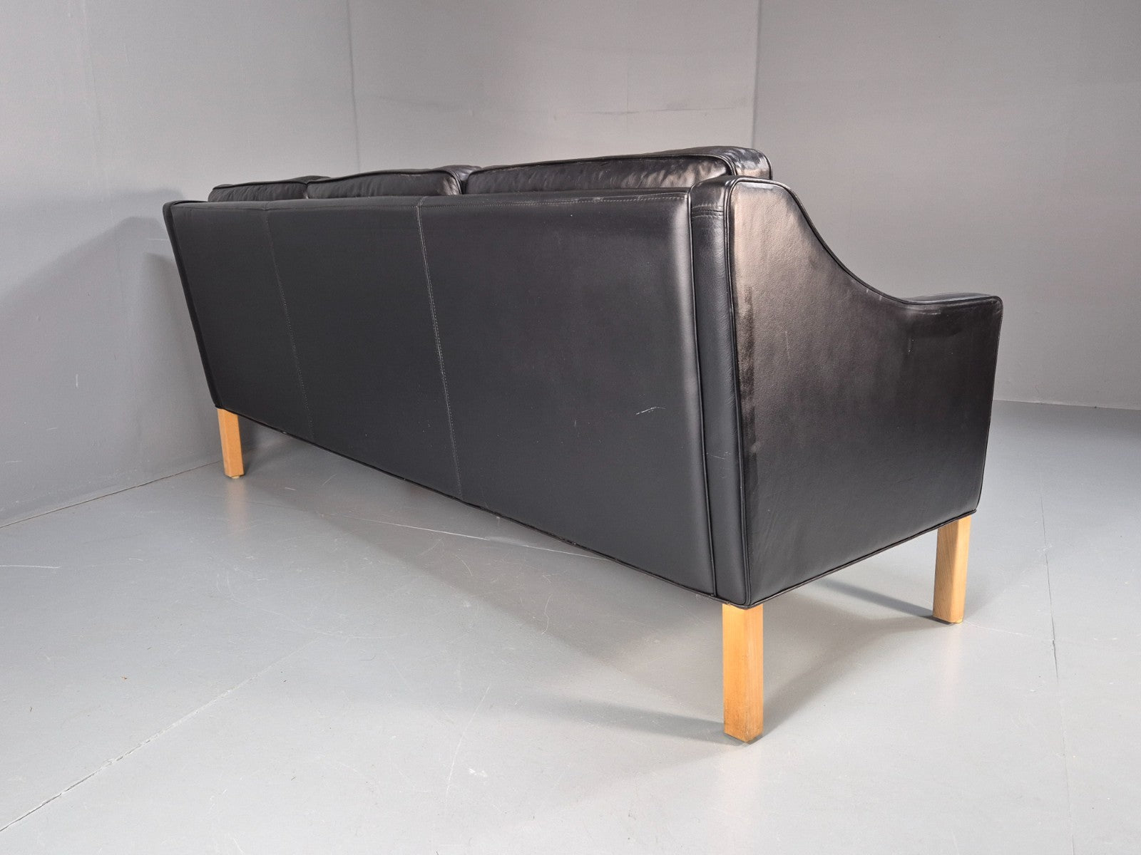 Vintage 3 Seater Leather Sofa Danish Mogensen Style Black 1980s EB10689 M3SS14