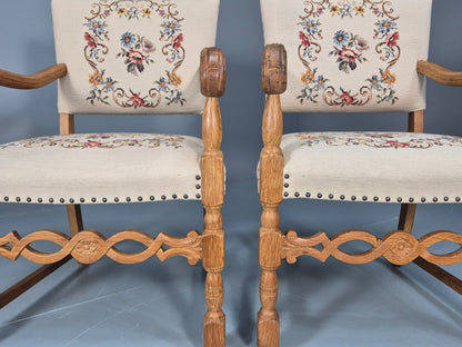 2 Baroque Elbow Chairs Oak Frame Vintage Denmark Floral Upholstery EB10727 VCAR14