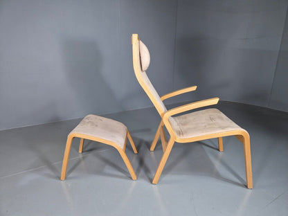 Vintage Danish Lounge Chair Footstool Faux Suede Bentwood MCM Retro EB7396 MNOR - UKDK FURNITURE