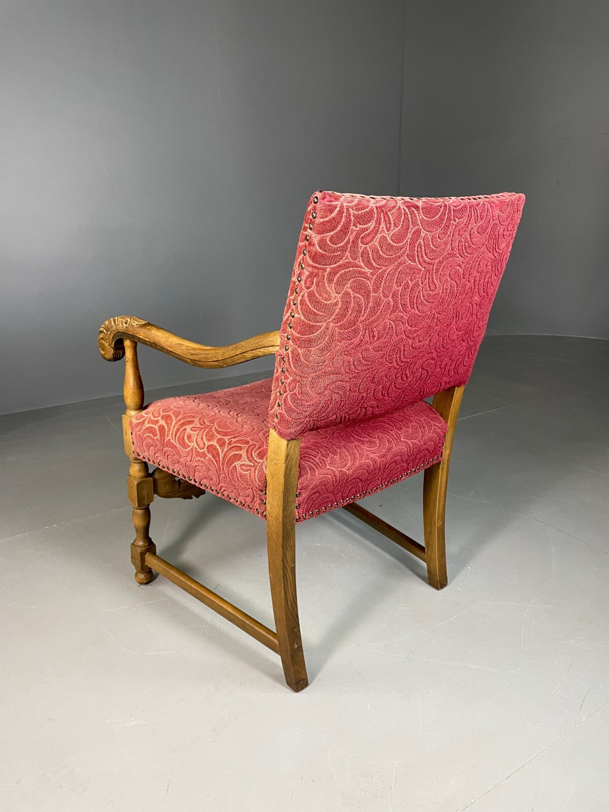 Vintage Danish Lounge Chair Oak Red Moquette 17th Century Style EB6942 VCLO7