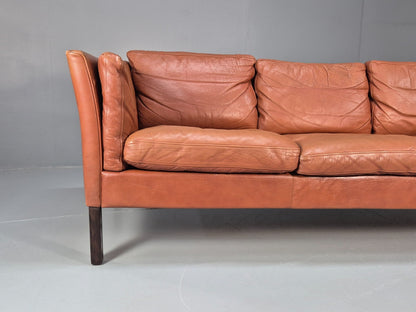 Retro Tan Leather Three Seater Sofa Vintage Danish Mid Century 1970 EB10078 M3SS2