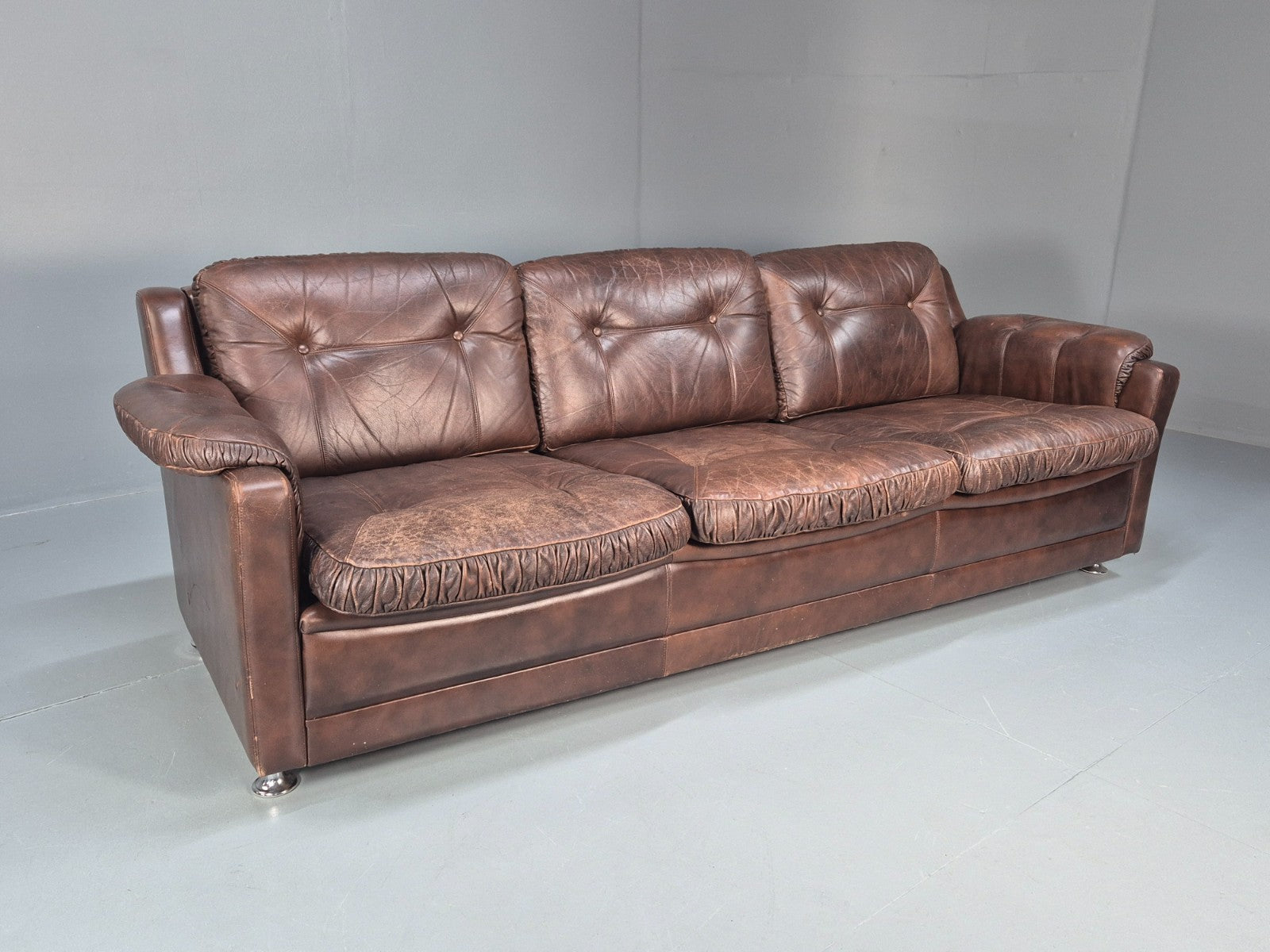 1970s Three Seat Retro Sofa Danish Brown Leather Vintage  EB10687 V3SS0