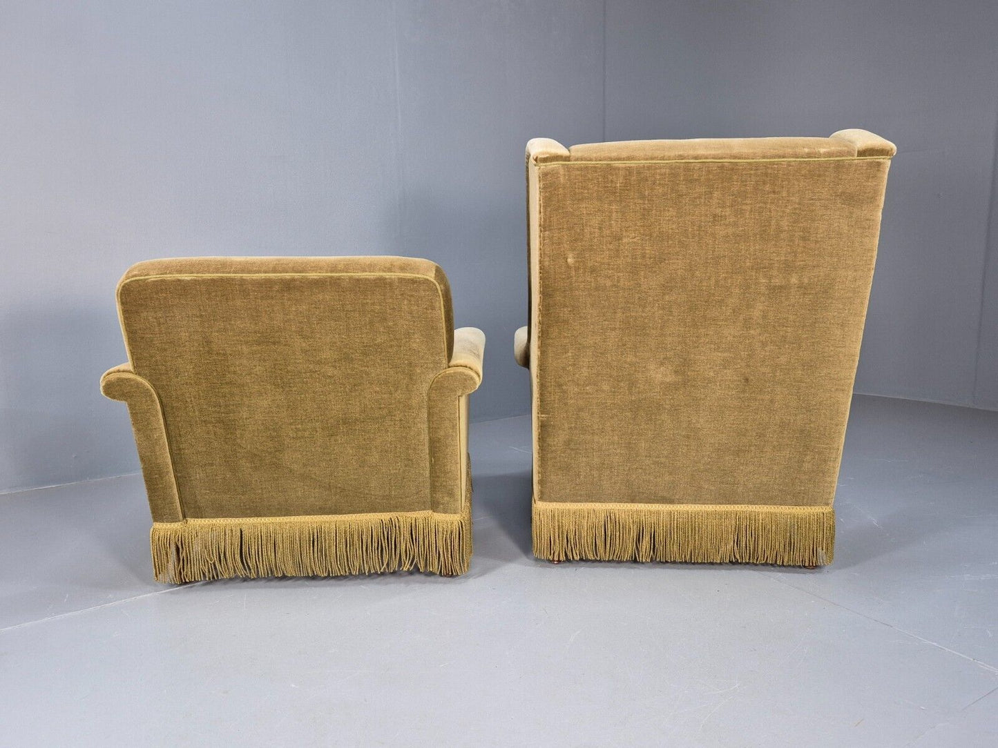 2 High and Low Back Danish Midcentury Chairs Green Velour Tassels EB8968 MNOR - UKDK FURNITURE