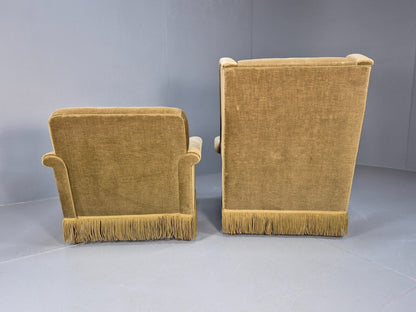 2 High and Low Back Danish Midcentury Chairs Green Velour Tassels EB8968 MNOR - UKDK FURNITURE