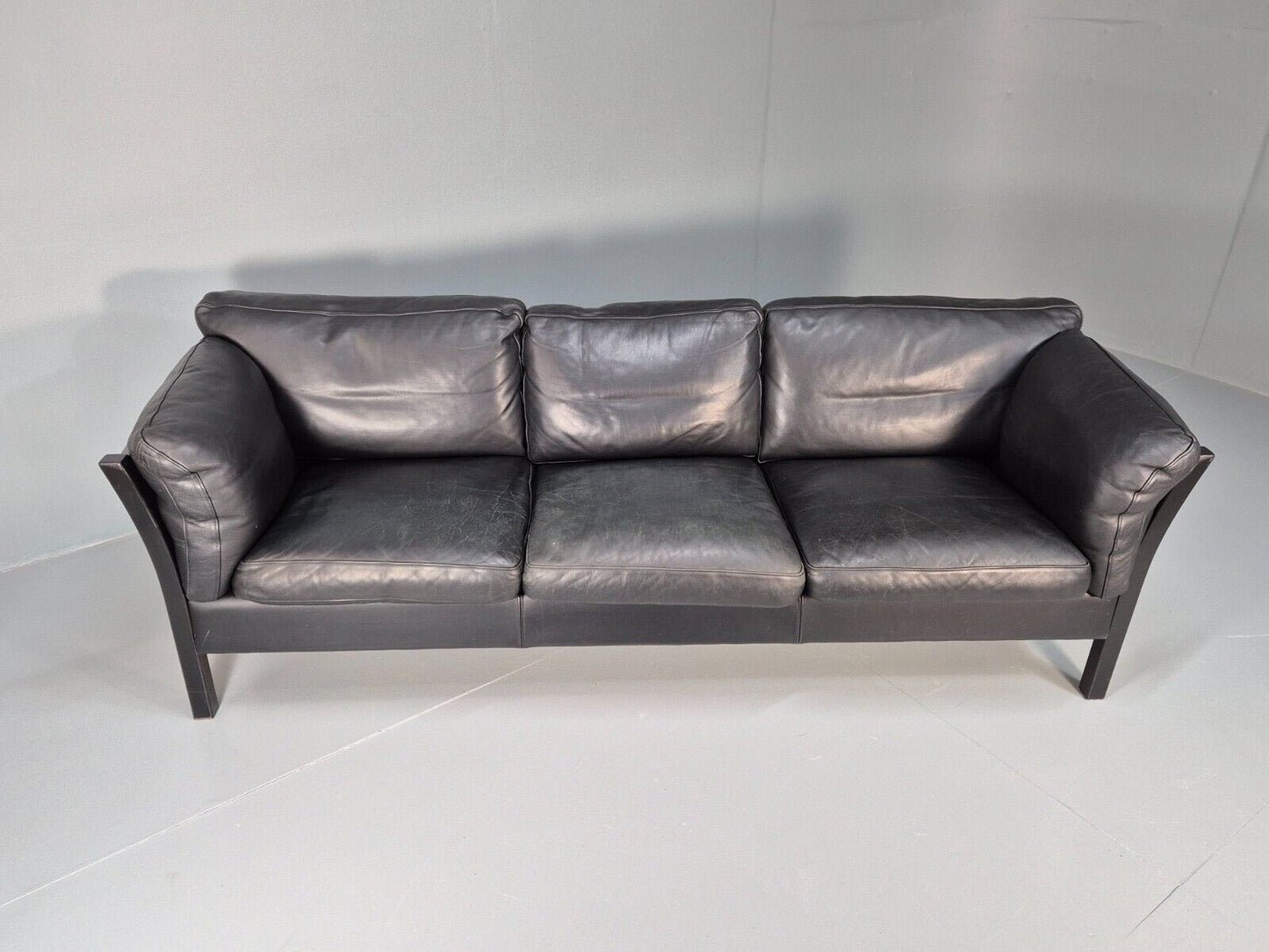 Vintage Danish 3 Seat Sofa Black leather Wood Frame Retro 1980s MCM EB8698 M3SS - UKDK FURNITURE
