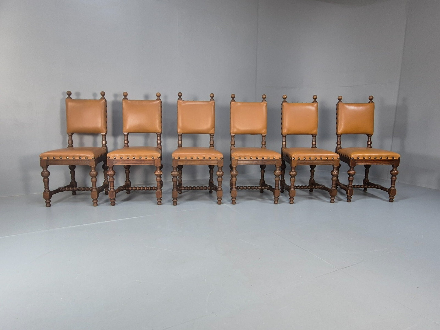 6 Vintage Danish Baroque Style Dining Chairs Oak and Tan Leather EB9649 VDIN - UKDK FURNITURE