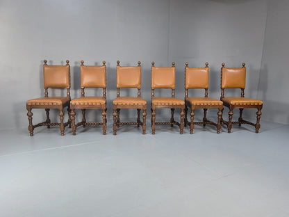 6 Vintage Danish Baroque Style Dining Chairs Oak and Tan Leather EB9649 VDIN - UKDK FURNITURE