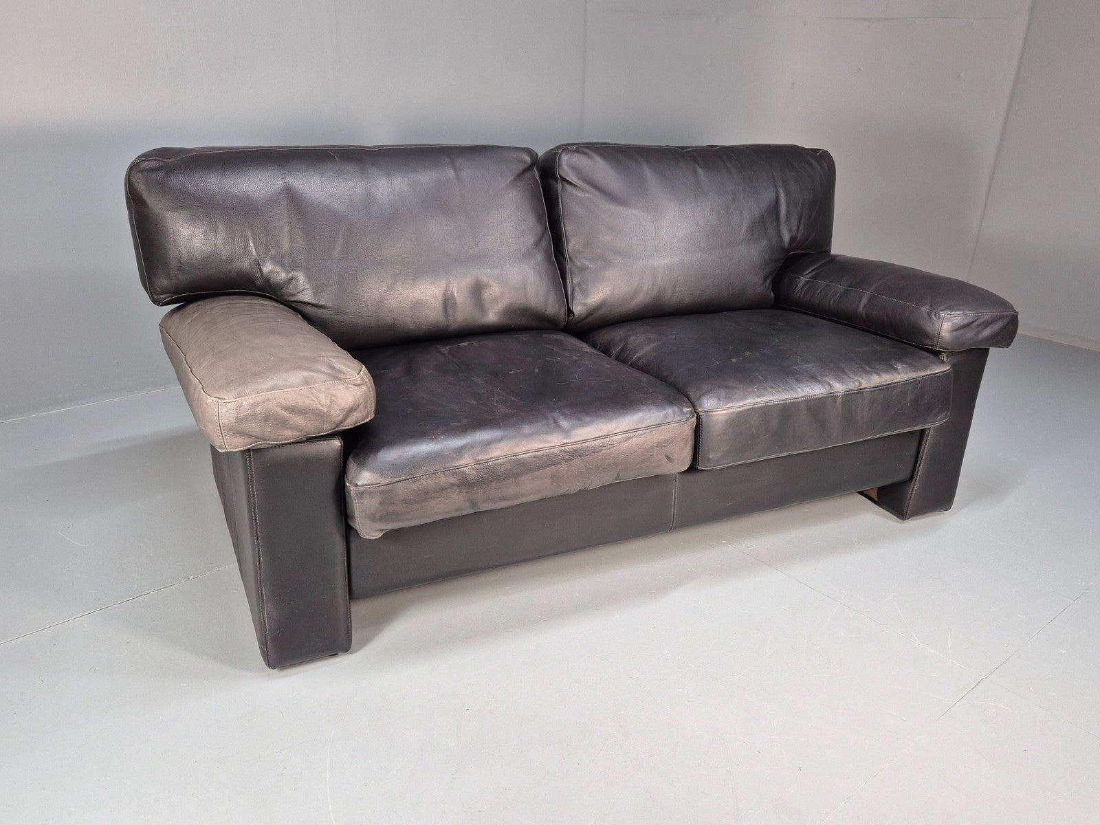 1980s Two Seater Sofa Faded Black Leather Boxy Style Retro Danish EB10714 M2SS0