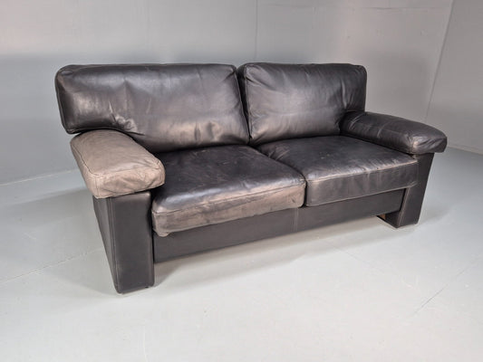 1980s Two Seater Sofa Faded Black Leather Boxy Style Retro Danish EB10714 M2SS0