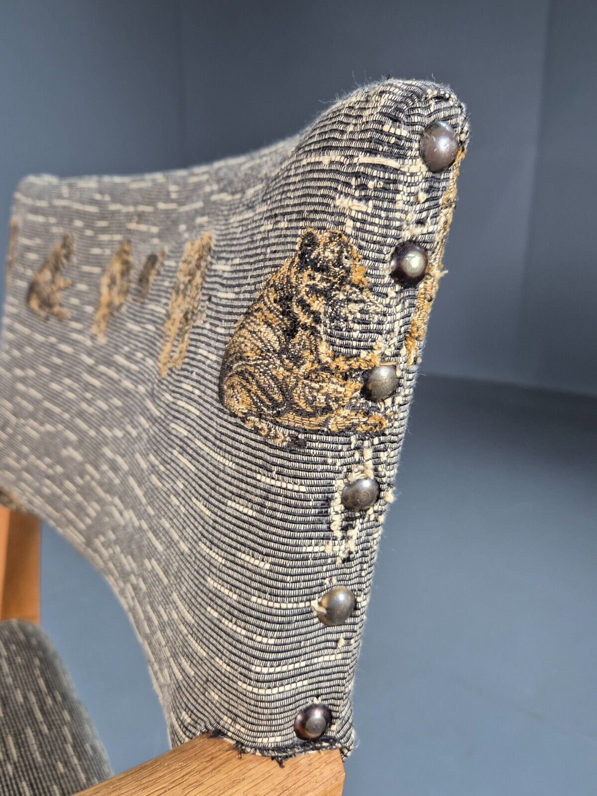 Vintage Danish Elbow Chair Tiger Motif Grey Beech Wood 1950s Retro EB8005 MDIN - UKDK FURNITURE