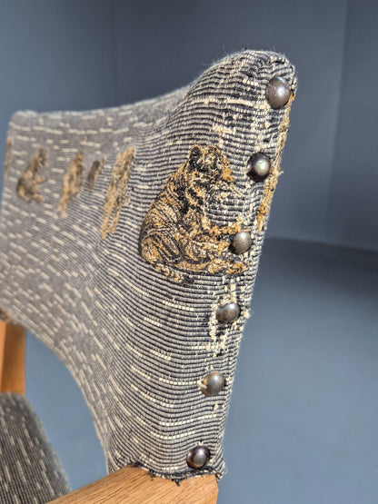 Vintage Danish Elbow Chair Tiger Motif Grey Beech Wood 1950s Retro EB8005 MDIN - UKDK FURNITURE