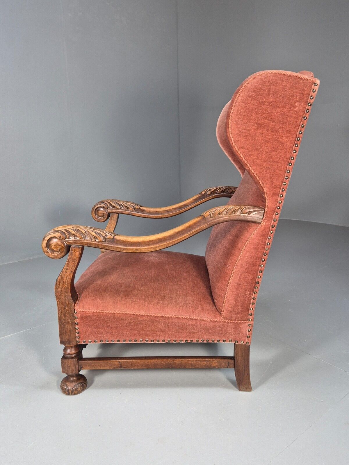 Vintage Danish Lounge Chair Pink Peach Velour Oak 17th Century Style EB8970 VCLO - UKDK FURNITURE