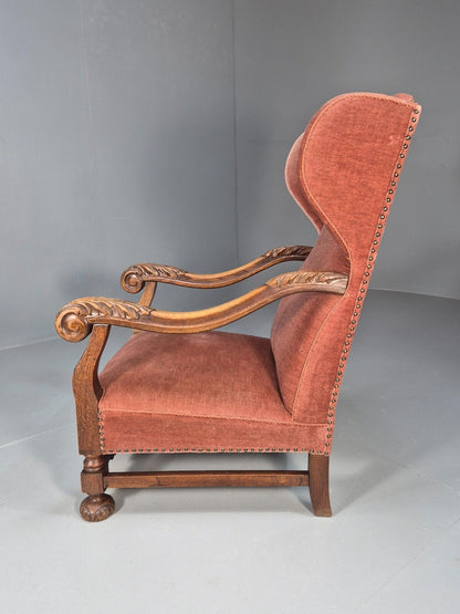 Vintage Danish Lounge Chair Pink Peach Velour Oak 17th Century Style EB8970 VCLO - UKDK FURNITURE