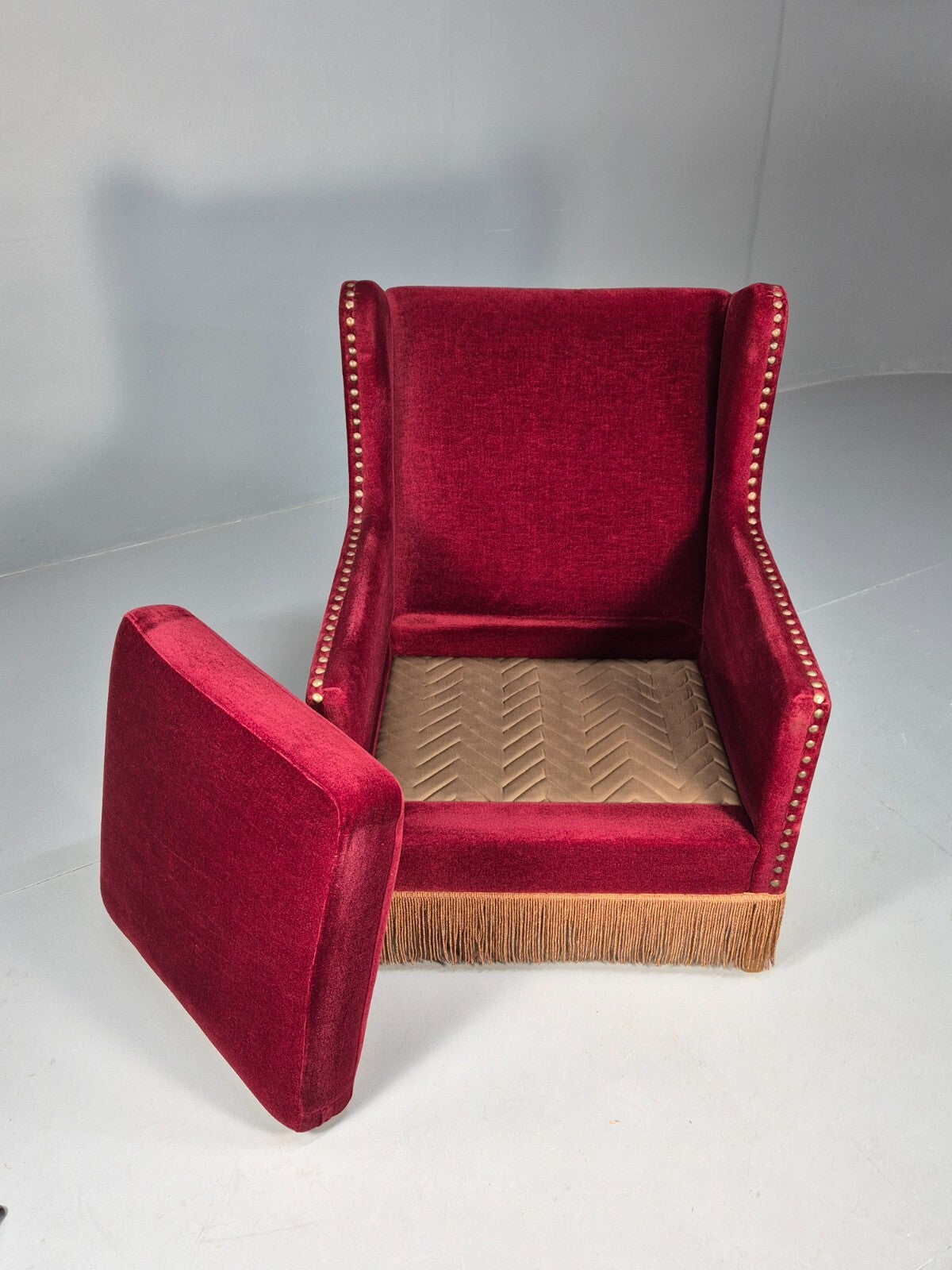 Vintage Danish Wingback Lounge Chair Red Velour Tassels 1940s Retro EB9614 VCLO - UKDK FURNITURE