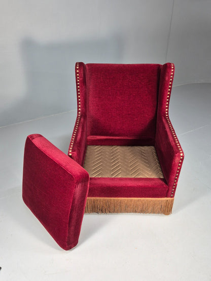 Vintage Danish Wingback Lounge Chair Red Velour Tassels 1940s Retro EB9614 VCLO - UKDK FURNITURE