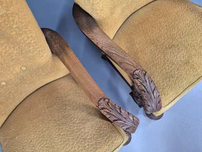 2 Vintage Baroque Armchgairs in Oak and Mustard Moquette 1940s EB9005 VCLO - UKDK FURNITURE