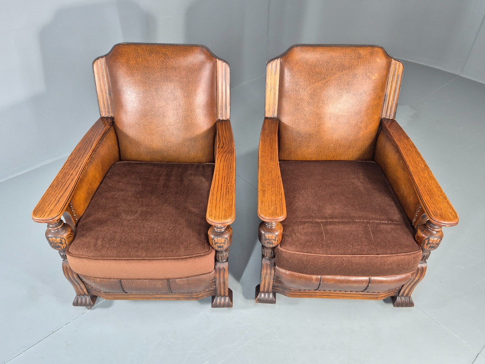 2 Edwardian Lounge Chairs Baroque Oak Frame Rexine and Velour EB11264 VLEA6