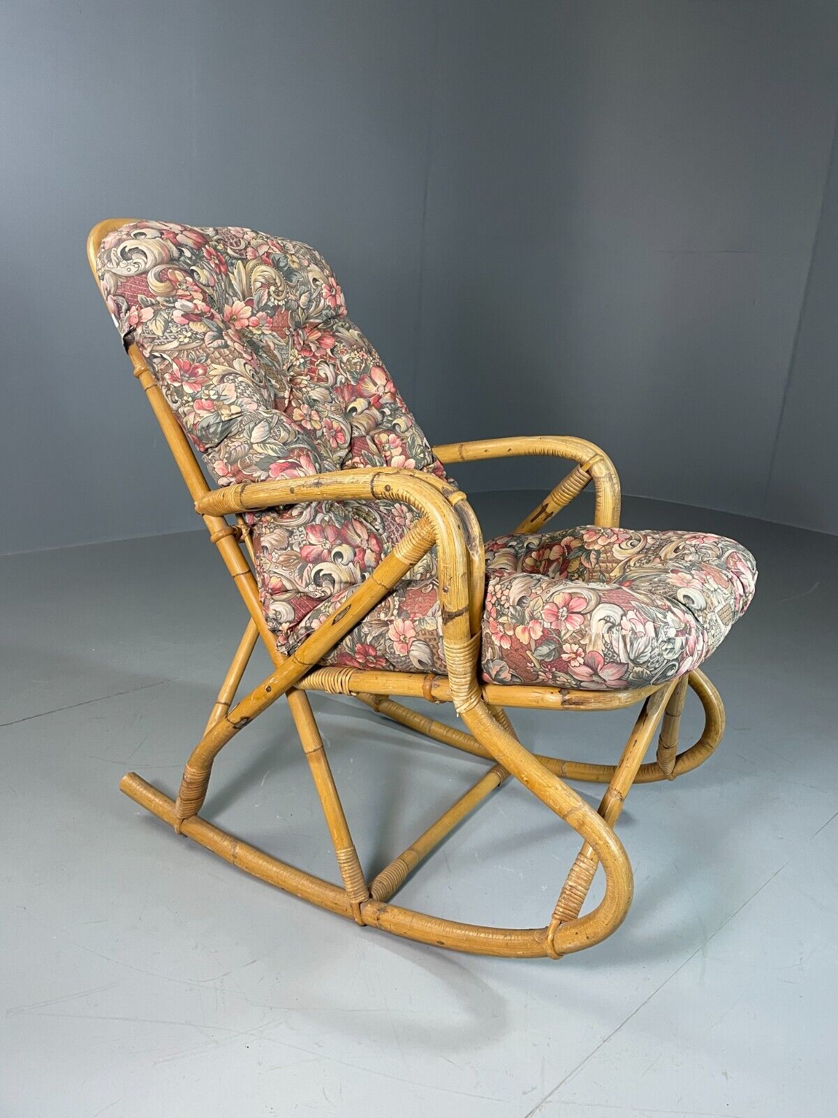 Vintage Cane Rocking Chair Floral 1970s Retro EB6413 VBER - UKDK FURNITURE