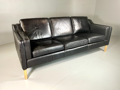 Three Seater Leather Sofa Black Vintage Danish Mogensen MCM Retro EB5864 M3SS1