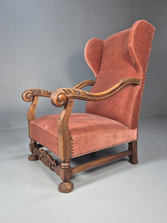Vintage Danish Lounge Chair Pink Peach Velour Oak 17th Century Style EB8985 VCLO - UKDK FURNITURE