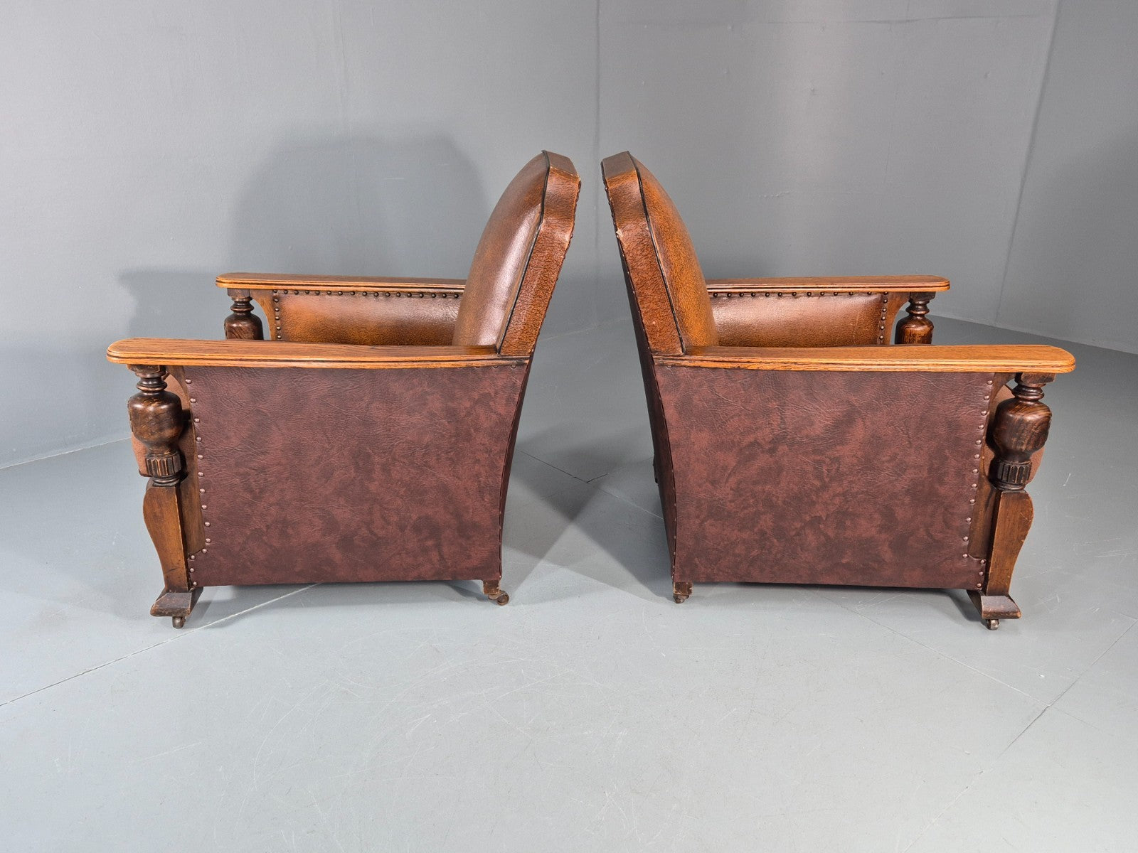 2 Edwardian Lounge Chairs Baroque Oak Frame Rexine and Velour EB11264 VLEA12