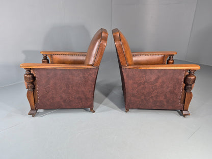2 Edwardian Lounge Chairs Baroque Oak Frame Rexine and Velour EB11264 VLEA12