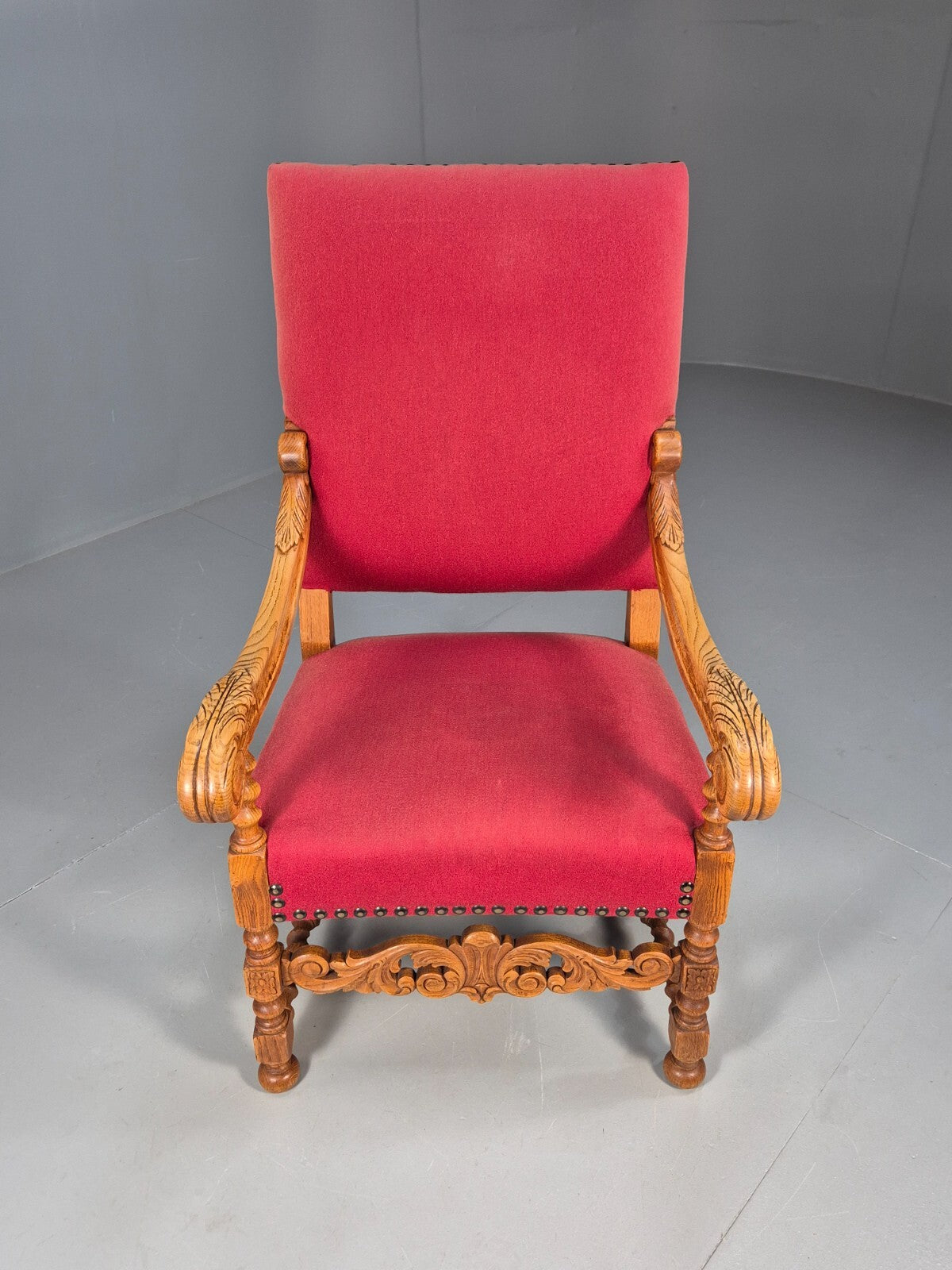 Vintage Danish Baroque Style Armchair in Red Wool and Oak 1950s EB9582 VCAR - UKDK FURNITURE