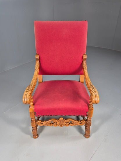 Vintage Danish Baroque Style Armchair in Red Wool and Oak 1950s EB9582 VCAR - UKDK FURNITURE