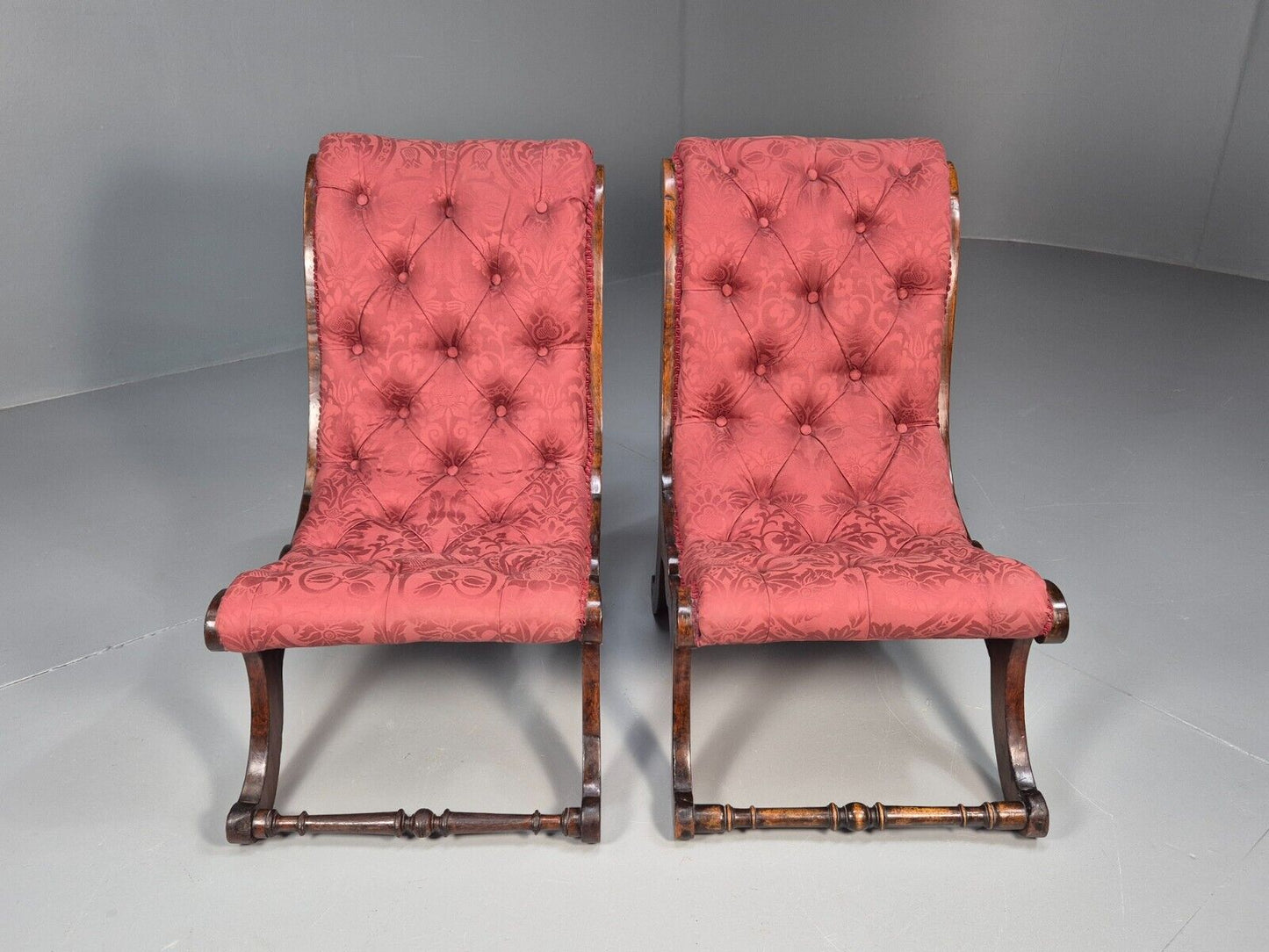 2 Vintage Slipper Chairs Pink Cotton Rosewood Inlay Antique EB8874 VCLO - UKDK FURNITURE