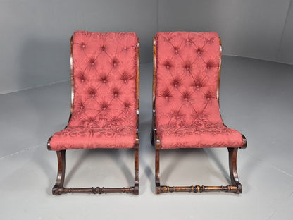 2 Vintage Slipper Chairs Pink Cotton Rosewood Inlay Antique EB8874 VCLO - UKDK FURNITURE