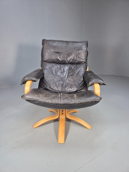Vintage Danish Leather Swivel Armchair 1980s Blonde and Black Retro EB9298 MSWI - UKDK FURNITURE