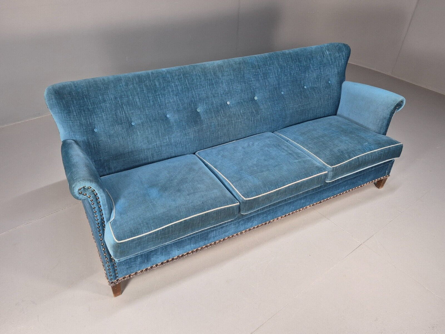 Vintage Danish Mid Century Sofa Bright Blue Velour 1950s Retro MCM EB8934 V3SS - UKDK FURNITURE