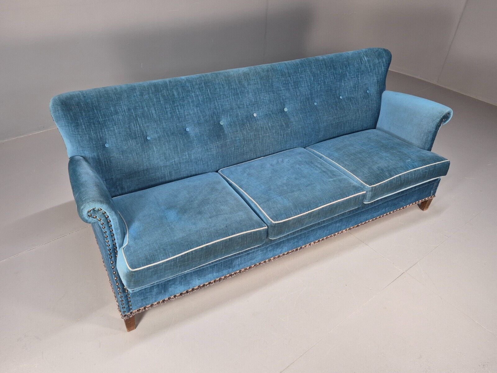Vintage Danish Mid Century Sofa Bright Blue Velour 1950s Retro MCM EB8934 V3SS - UKDK FURNITURE