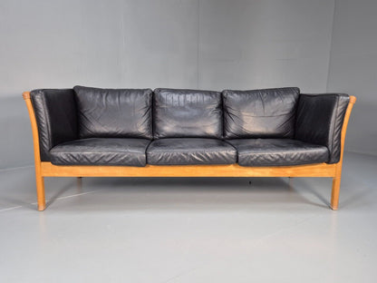 Vintage 3 Seat Sofa Black Leather Beech Ends Stouby Retro 1980s MCM EB8593 M3SS - UKDK FURNITURE