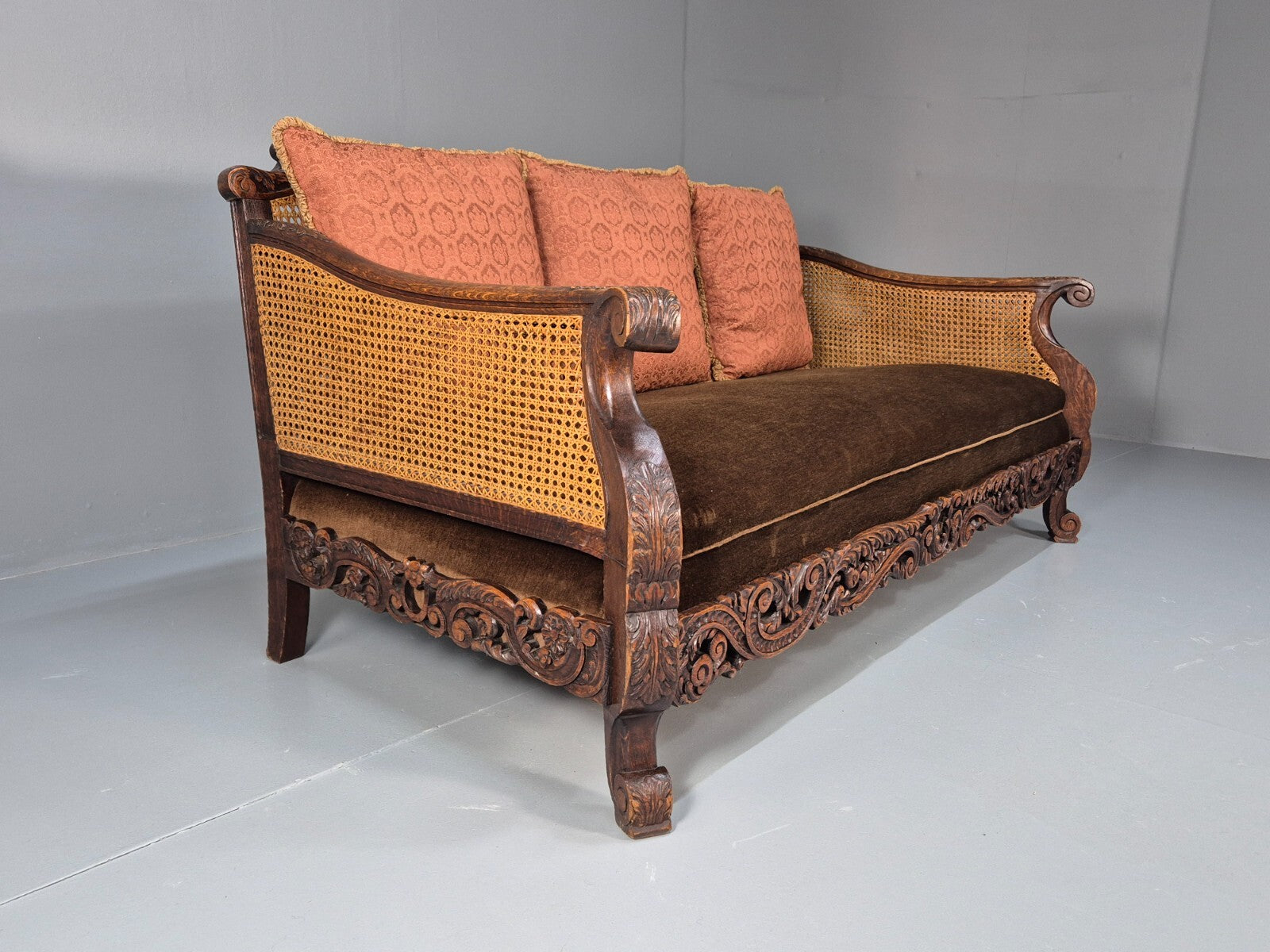Vintage Danish 1920s Carved Oak Sofa Bergere Brown Velour Antique EB9544 V3SS - UKDK FURNITURE