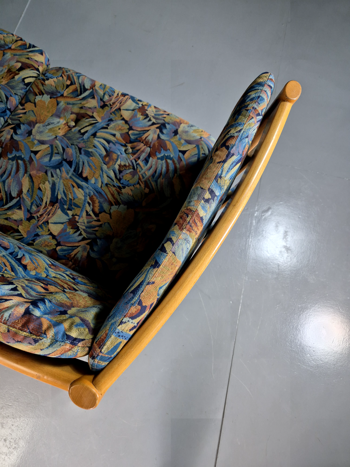 3 Seat Sofa Vintage Danish Blue Floral Beech Frame 1980s Retro EB7279 M3SS8