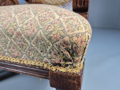 2 Edwardian Carved Oak Lounge Chairs Embroidery Upholstery 1900s EB10690 VCAR14