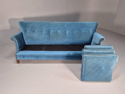 Vintage Danish Mid Century Sofa Bright Blue Velour 1950s Retro MCM EB8934 V3SS - UKDK FURNITURE