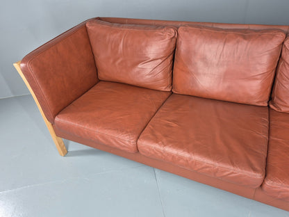 Vintage Stouby 3 Seat Sofa Reddy Brown Leather Beech Wood Slat EndsEB10525 M3SS7