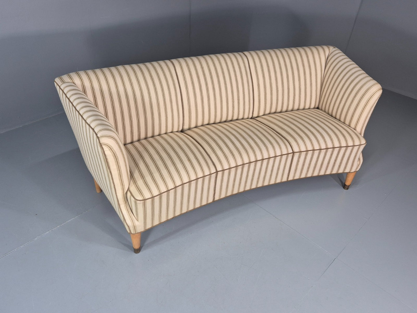 Three Seater Art Deco Curved Sofa 1930s Vintage Cream Green Wool  EB10799 V3SS1