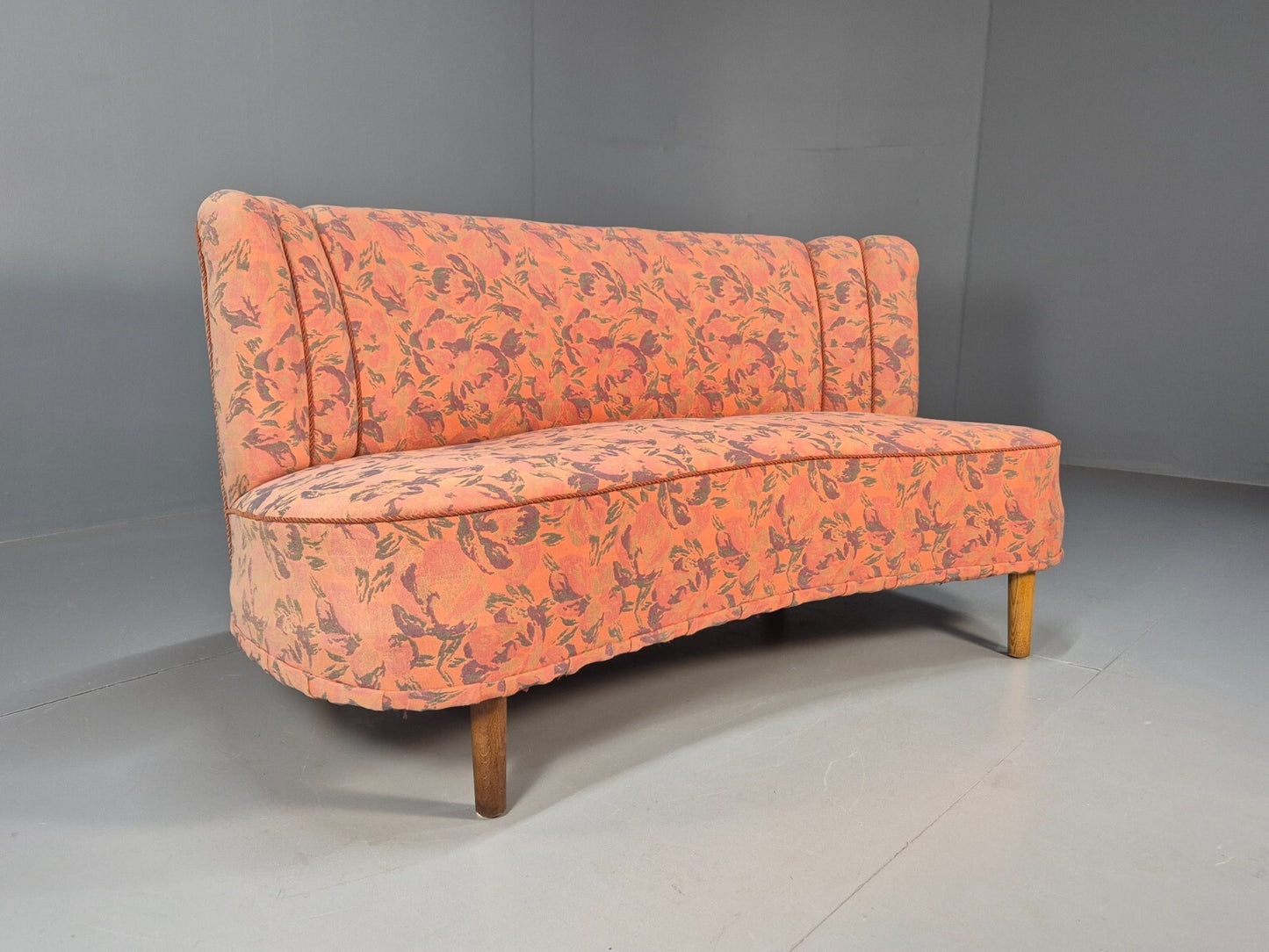 Vintage 3 Seater Sofa Banana Shaped Peach Floral Danish Design EB9572 V3SS - UKDK FURNITURE