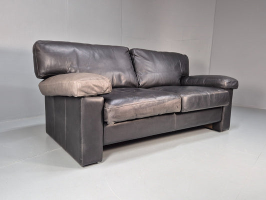 1980s Two Seater Sofa Faded Black Leather Boxy Style Retro Danish EB10714 M2SS1