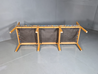 3 Seat Sofa Vintage Danish Blue Floral Beech Frame 1980s Retro EB7279 M3SS5