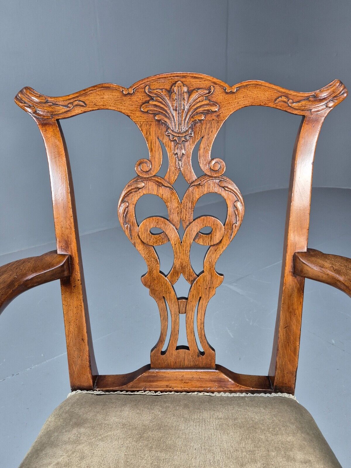 Antique Georgian Style Elbow Chair Mahogany Pad Feet Green Seat EB9387 VDIN - UKDK FURNITURE