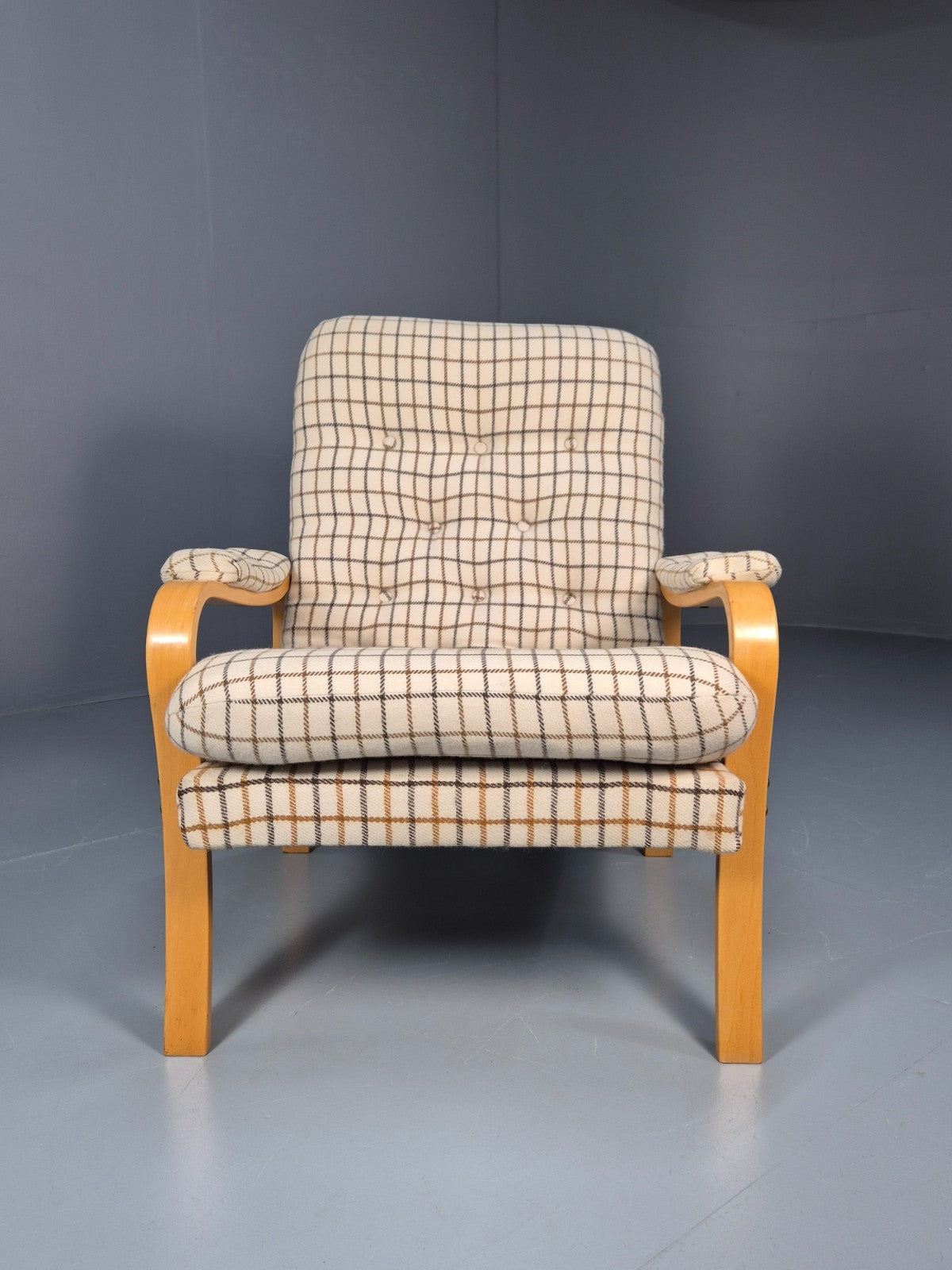 Vintage Bentwood Lounge Chair Danish Cream Wool Check 1980s Retro EB10334 MBEN2